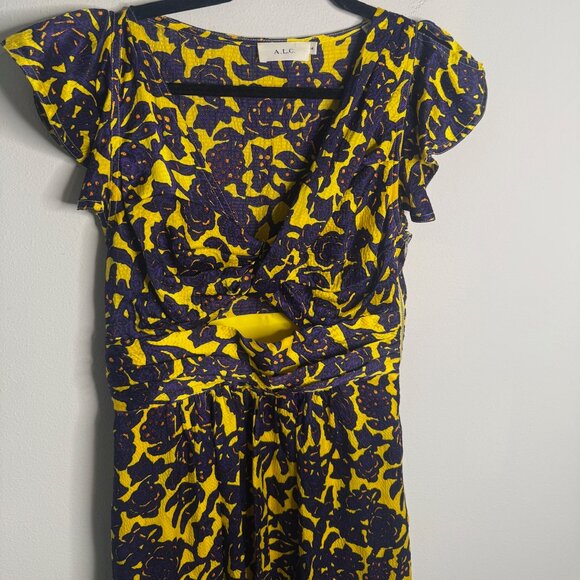 A.L.C. Women's 4 Floral Cutout Midi Dress Yellow Purple Ruffle Hem Elegant Party - Picture 4 of 7